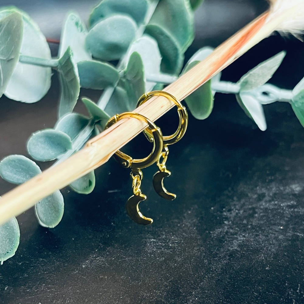 Crescent Moon Huggie‎ Hoop Earrings | Yellow Gold Plated Celestial Dangle